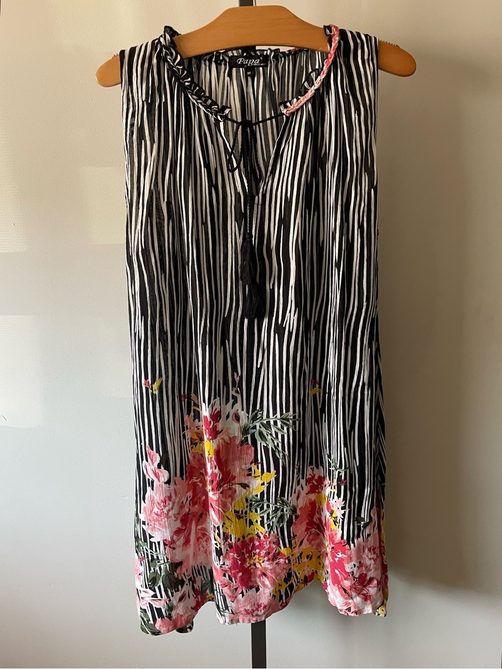 Papillon Striped Floral Sleeveless Rayon Dress Braided Tassel Tie Front Medium
